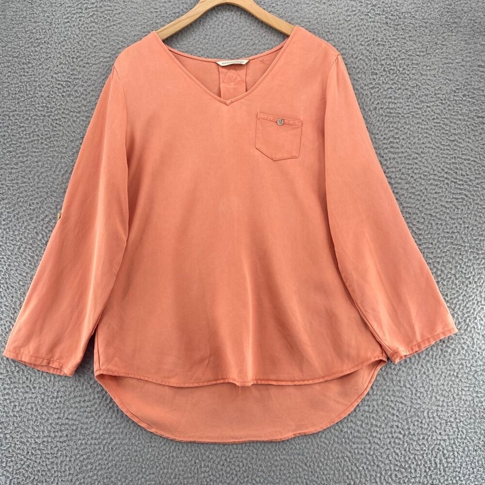 Soft Surroundings Top Womens Small Orange Tencel Long Roll Tab Sleeves V Neck